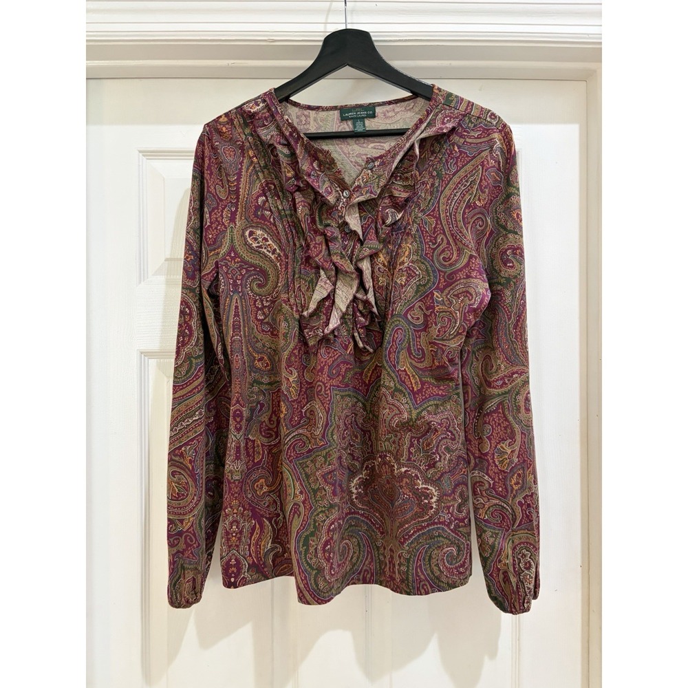 Lauren Jeans Co. Ralph Lauren Women's Long Sleeve Top Size L Paisley Ruffle